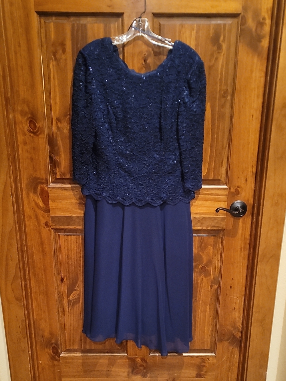 Alex Evenings Navy Blue Lace and Chiffon Long Sleeve Dress